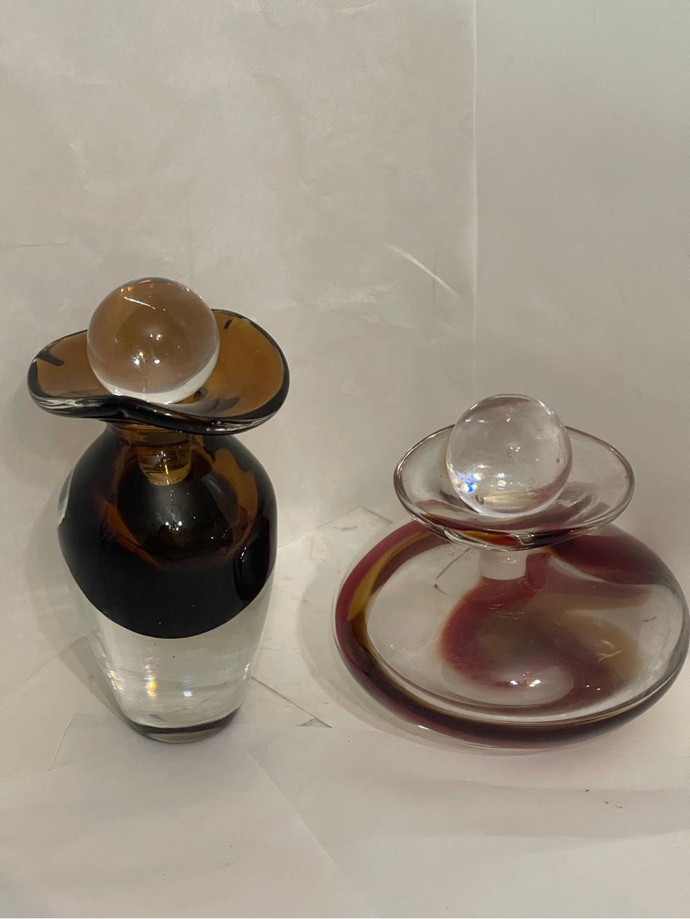 Heavy Hand Blown Glass Perfume Bottles with Stoppers Clear, Amber & Red Swirling